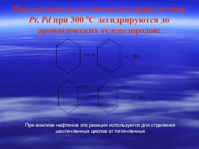 Циклогексан и его гомологи в присутствии Pt, Pd при 300 0С