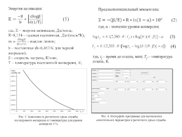 Энергия активации: Предэкспонициальный множитель: где, α - значение уровня конверсии; где,