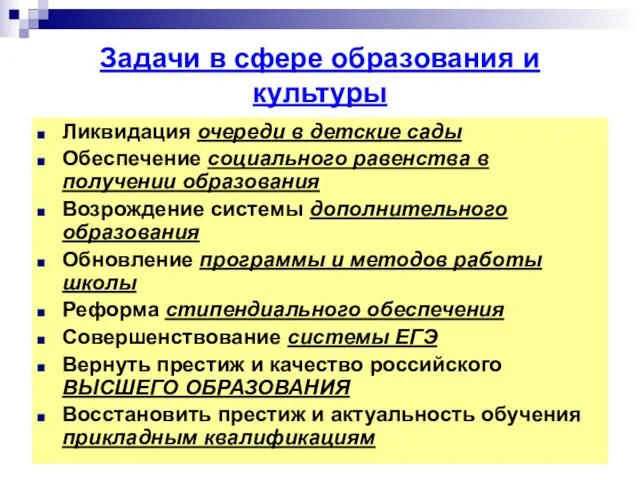 Задачи в сфере образования и культуры Ликвидация очереди в детские сады