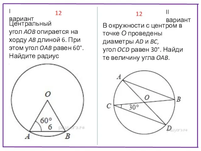 I вариант II вариант Цен­траль­ный угол AOB опи­ра­ет­ся на хорду AB