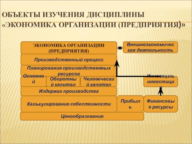 ОБЪЕКТЫ ИЗУЧЕНИЯ ДИСЦИПЛИНЫ «ЭКОНОМИКА ОРГАНИЗАЦИИ (ПРЕДПРИЯТИЯ)» ЭКОНОМИКА ОРГАНИЗАЦИИ (ПРЕДПРИЯТИЯ) Производственный процесс