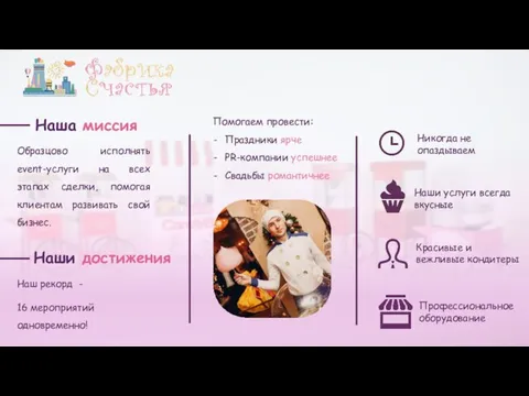 Наша миссия Образцово исполнять event-услуги на всех этапах сделки, помогая клиентам