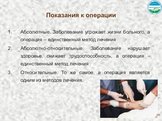 Показания к операции Абсолютные. Заболевание угрожает жизни больного, а операция –