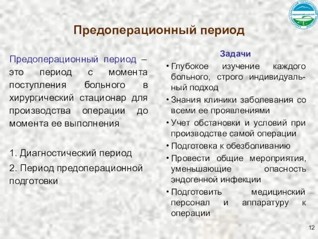 Предоперационный период Предоперационный период – это период с момента поступления больного