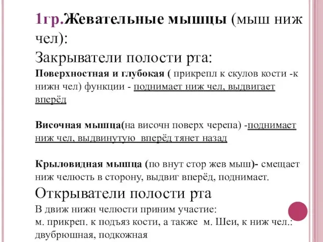 1гр.Жевательные мышцы (мыш ниж чел): Закрыватели полости рта: Поверхностная и глубокая