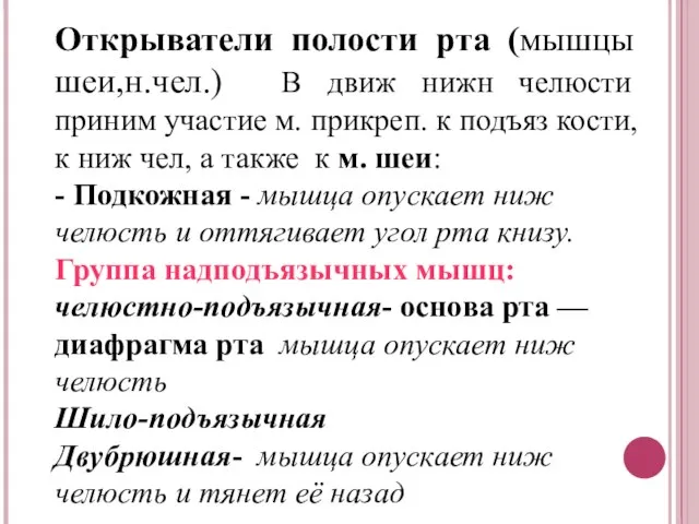 Открыватели полости рта (мышцы шеи,н.чел.) В движ нижн челюсти приним участие