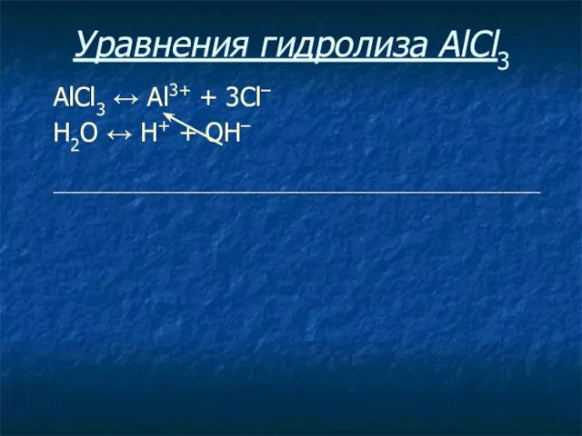 Уравнения гидролиза АlСl3 АlСl3 ↔ Аl3+ + 3Сl– Н2O ↔ Н+ + ОН– _______________________________________________________________________________