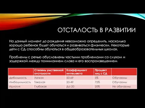 ОТСТАЛОСТЬ В РАЗВИТИИ На данный момент до рождения невозможно определить, насколько