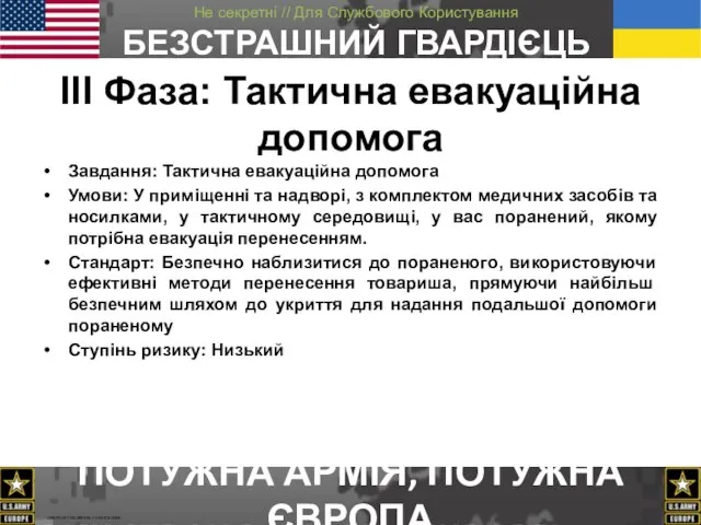 Завдання: Тактична евакуаційна допомога Умови: У приміщенні та надворі, з комплектом