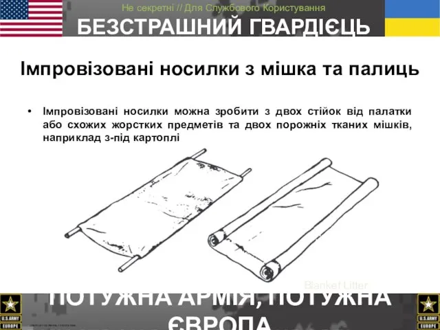 Імпровізовані носилки з мішка та палиць Імпровізовані носилки можна зробити з