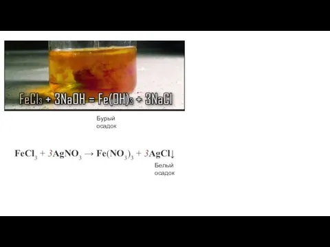 Бурый осадок FeCl3 + 3AgNO3 → Fe(NO3)3 + 3AgCl↓ Белый осадок