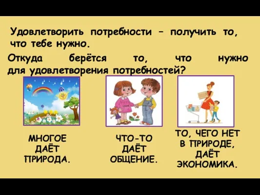 Откуда берётся то, что нужно для удовлетворения потребностей? МНОГОЕ ДАЁТ ПРИРОДА.