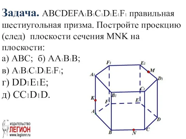 Задача. ABCDEFA1B1С1D1E1F1 правильная шестиугольная призма. Постройте проекцию (след) плоскости сечения MNK