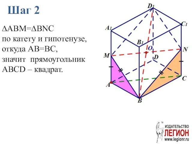 Шаг 2 ∆ABM=∆BNC по катету и гипотенузе, откуда AB=BC, значит прямоугольник ABCD – квадрат.