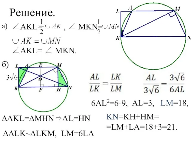 Решение. ∠AKL= , ∠ MKN= ∠AKL= ∠ MKN. а) б) ∆AKL=∆MHN