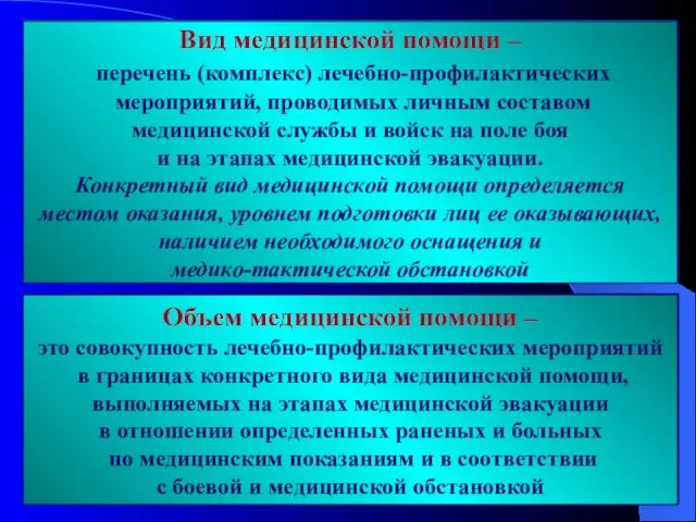 Вид медицинской помощи – перечень (комплекс) лечебно-профилактических мероприятий, проводимых личным составом