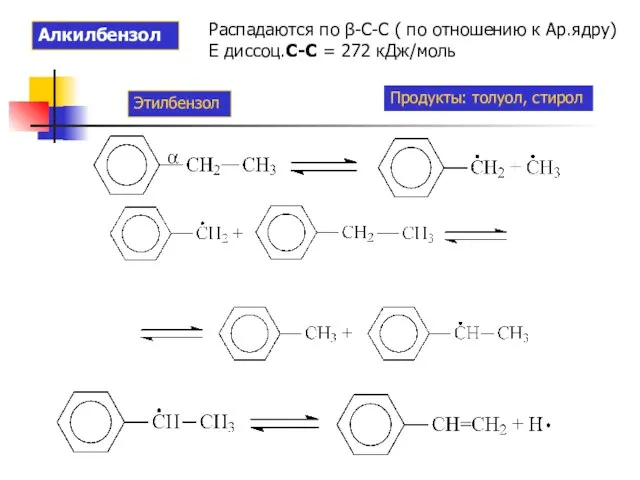 Алкилбензолы Распадаются по β-С-С ( по отношению к Ар.ядру) Е диссоц.С-С