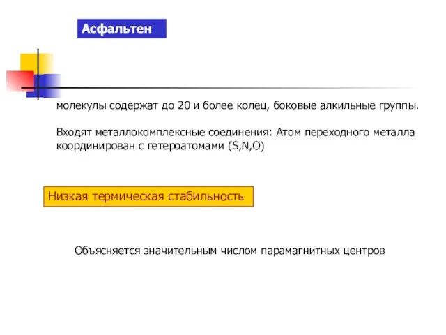 Асфальтены молекулы содержат до 20 и более колец, боковые алкильные группы.