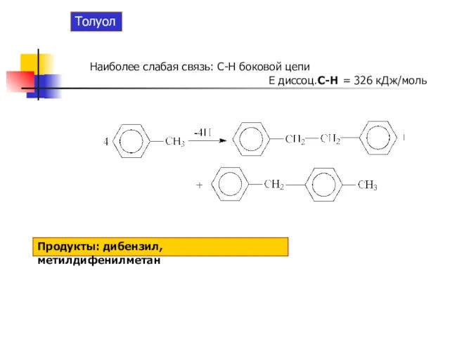 Толуол Наиболее слабая связь: С-Н боковой цепи Е диссоц.С-Н = 326 кДж/моль Продукты: дибензил, метилдифенилметан