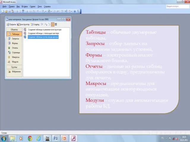 Таблицы – обычные двумерные таблицы, Запросы – отбор данных на основании