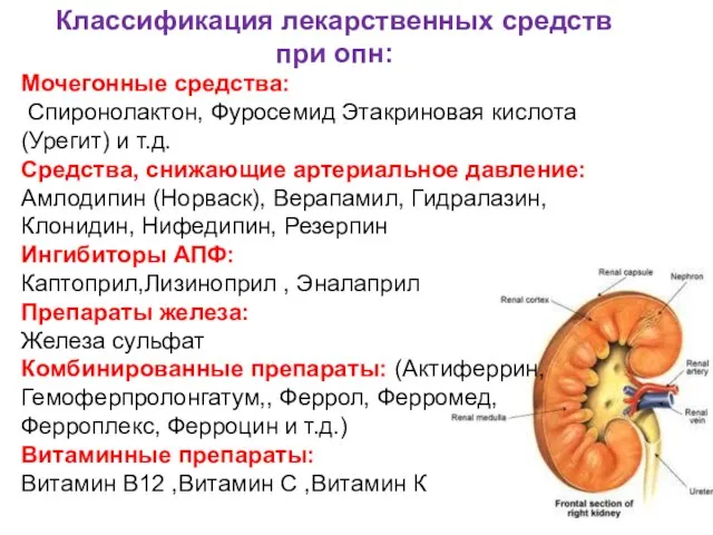 Мочегонные средства: Спиронолактон, Фуросемид Этакриновая кислота (Урегит) и т.д. Средства, снижающие