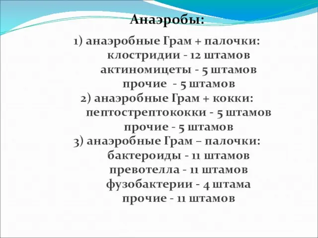 Анаэробы: 1) анаэробные Грам + палочки: клостридии - 12 штамов актиномицеты