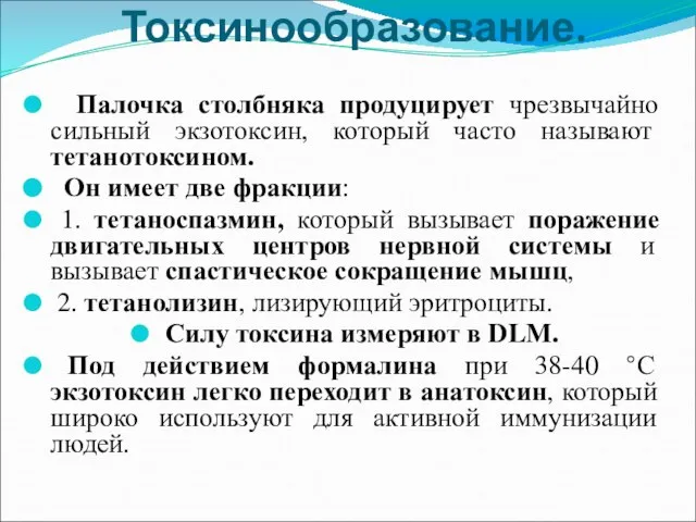 Токсинообразование. Палочка столбняка продуцирует чрезвычайно сильный экзотоксин, который часто называют тетанотоксином.