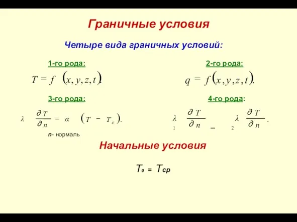 Граничные условия Четыре вида граничных условий: 1-го рода: 2-го рода: 3-го