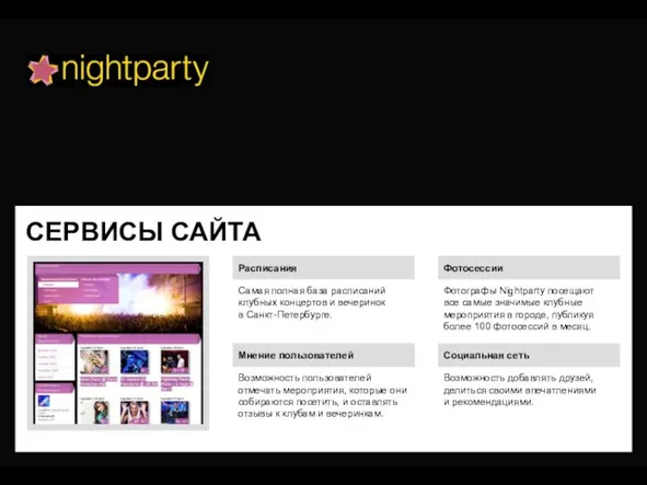 СЕРВИСЫ САЙТА Расписания Фотосессии Социальная сеть Фотографы Nightparty посещают все самые