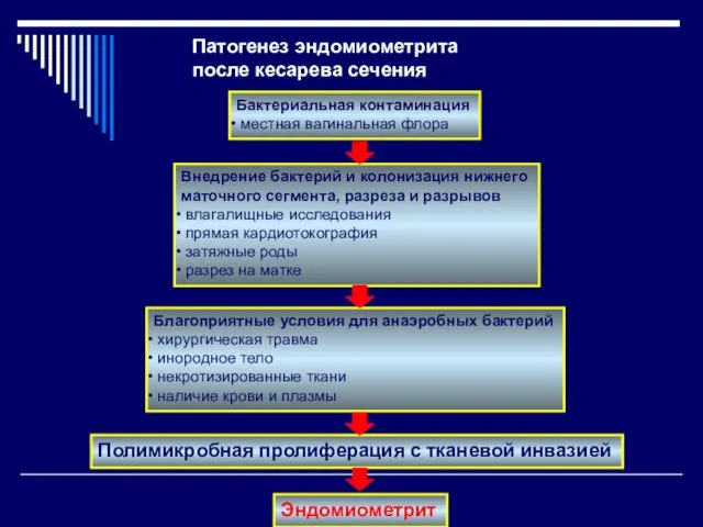 Патогенез эндомиометрита после кесарева сечения Бактериальная контаминация местная вагинальная флора Внедрение