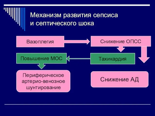 Механизм развития сепсиса и септического шока Вазоплегия Снижение ОПСС Тахикардия Снижение