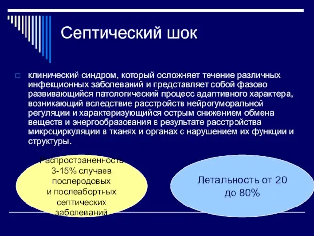 Септический шок клинический синдром, который осложняет течение различных инфекционных заболеваний и