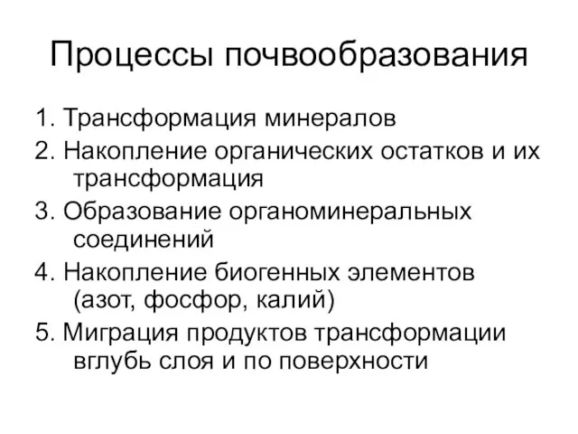 Процессы почвообразования 1. Трансформация минералов 2. Накопление органических остатков и их