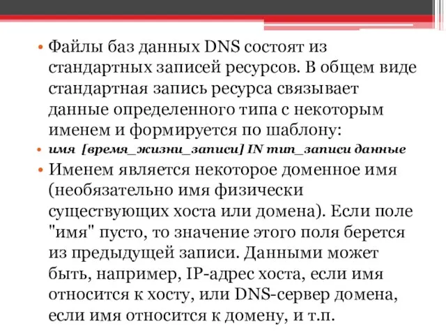 Файлы баз данных DNS состоят из стандартных записей ресурсов. В общем