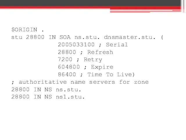 $ORIGIN . stu 28800 IN SOA ns.stu. dnsmaster.stu. ( 2005033100 ;