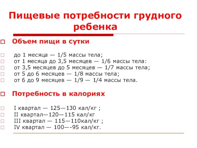 Пищевые потребности грудного ребенка Объем пищи в сутки до 1 месяца