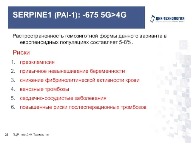 SERPINE1 (PAI-1): -675 5G>4G Распространенность гомозиготной формы данного варианта в европеиоидных