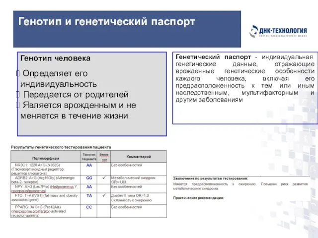 Генотип и генетический паспорт Генетический паспорт - индивидуальная генетические данные, отражающие