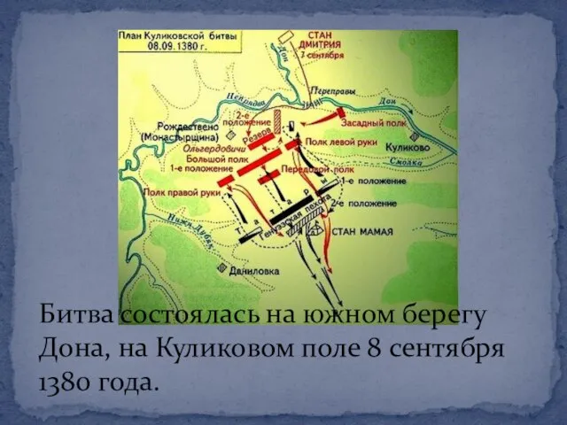 Битва состоялась на южном берегу Дона, на Куликовом поле 8 сентября 1380 года.