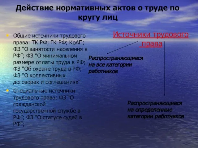 Действие нормативных актов о труде по кругу лиц Общие источники трудового