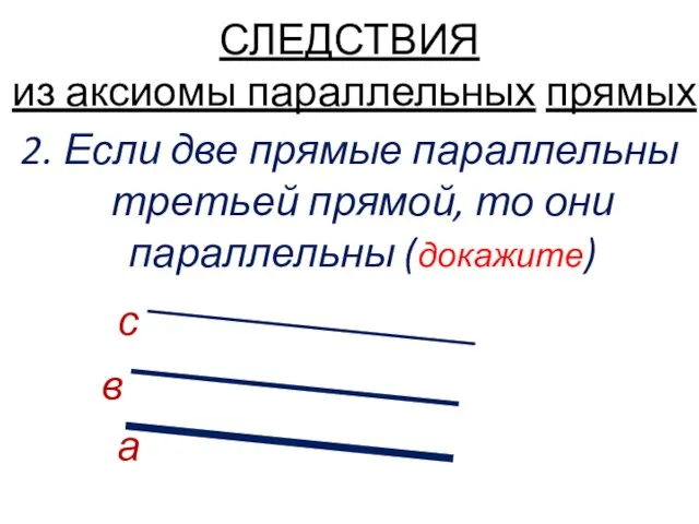 СЛЕДСТВИЯ из аксиомы параллельных прямых 2. Если две прямые параллельны третьей