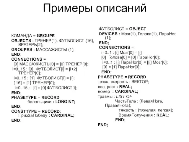 Примеры описаний КОМАНДА = GROUPE OBJECTS : TPEHEP(1). ФУТБОЛИСТ (16), ВРАТАРЬ(2);