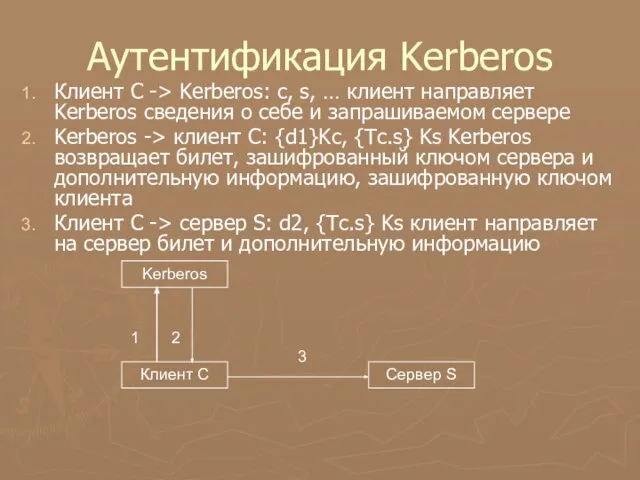 Аутентификация Kerberos Клиент C -> Kerberos: c, s, … клиент направляет