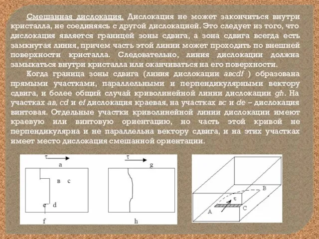 Смешанная дислокация. Дислокация не может закончиться внутри кристалла, не соединяясь с