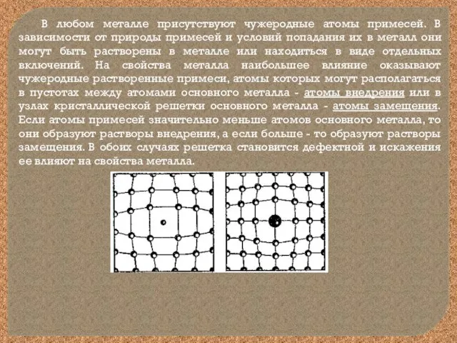 В любом металле присутствуют чужеродные атомы примесей. В зависимости от природы