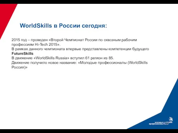 2015 год – проведен «Второй Чемпионат России по сквозным рабочим профессиям