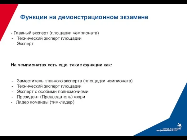 Функции на демонстрационном экзамене - Главный эксперт (площадки чемпионата) Технический эксперт