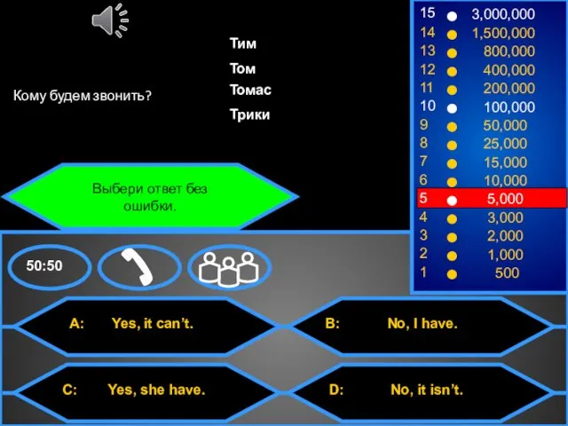 Выбери ответ без ошибки. Кому будем звонить? Тим Том Томас Трики