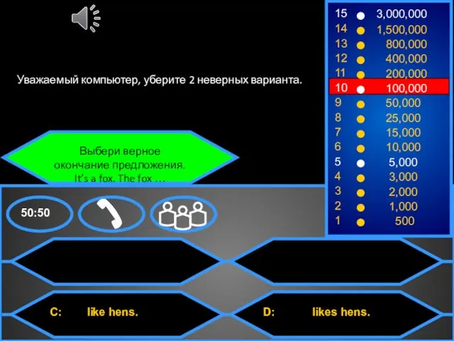 Выбери верное окончание предложения. It’s a fox. The fox … Уважаемый компьютер, уберите 2 неверных варианта.