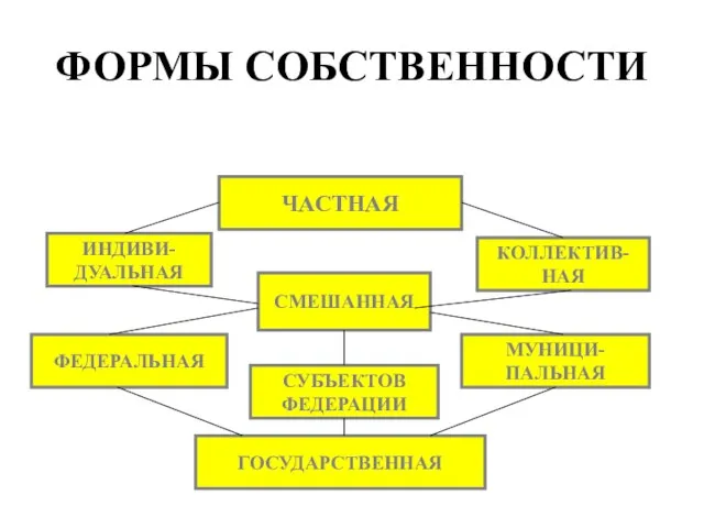 ФОРМЫ СОБСТВЕННОСТИ ЧАСТНАЯ СМЕШАННАЯ МУНИЦИ- ПАЛЬНАЯ ФЕДЕРАЛЬНАЯ КОЛЛЕКТИВ- НАЯ ИНДИВИ- ДУАЛЬНАЯ ГОСУДАРСТВЕННАЯ СУБЪЕКТОВ ФЕДЕРАЦИИ